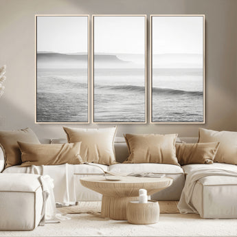60635783-MGV-CV-36X24-Black White Seascape Wall Art Canvas Print, Framed Ocean Waves Art Picture Print, Misty Coastal Perfect Minimalist Coastal Decor