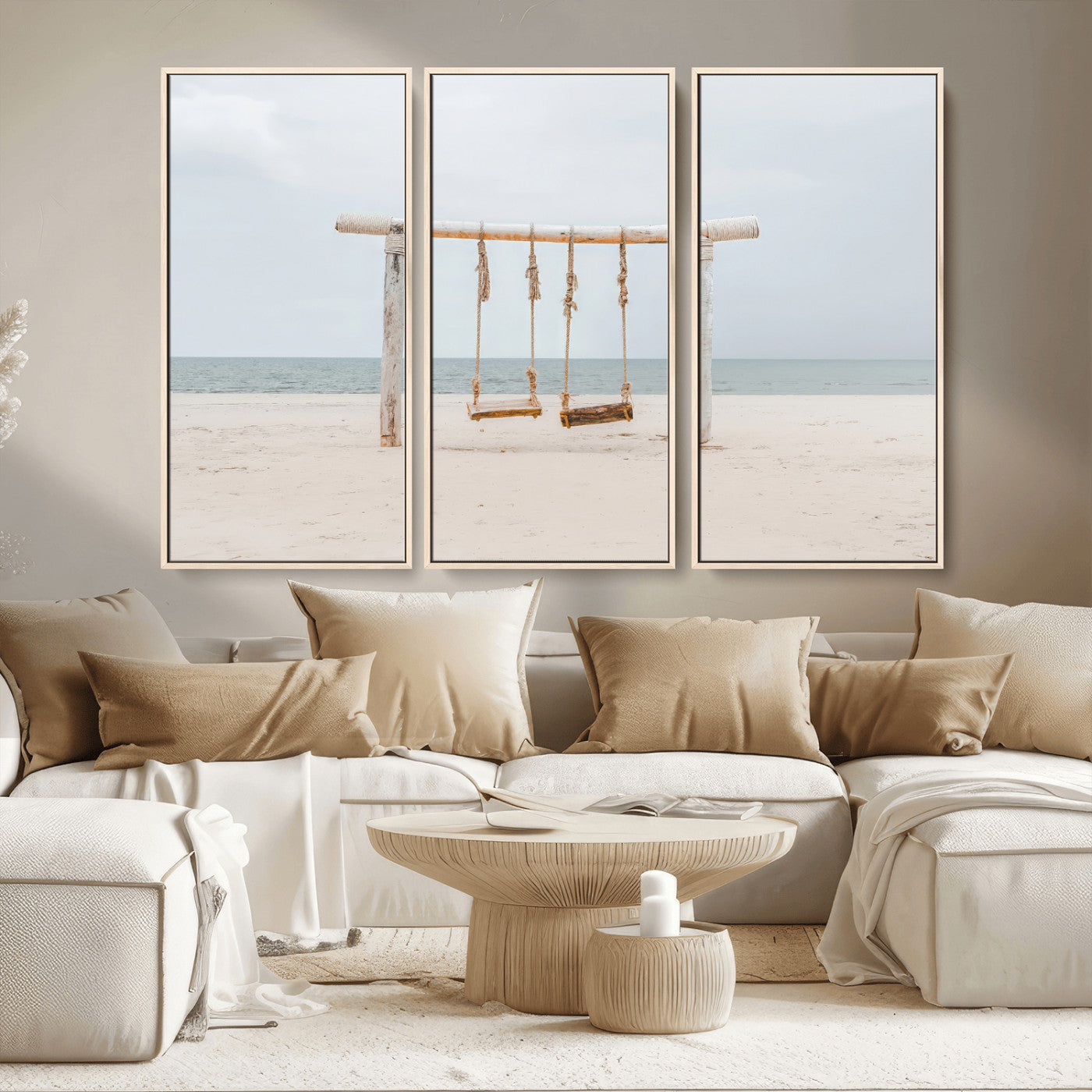 68327283-MGV-CV-36X24-Beach Swing Wall Art Canvas Print, Framed Quiet Beach Art Picture Print, Calm Shoreline Perfect Bohemian Coastal Decor Artwork