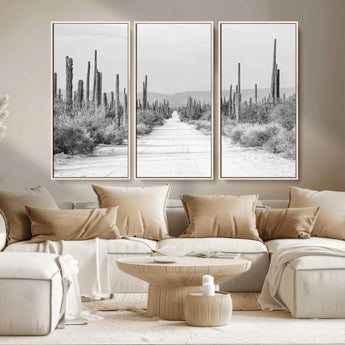 35537313-MGV-CV-36X24-Monochrome Desert Wall Art Canvas Print, Framed Cactus Path Art Picture Print, Southwestern Landscape Perfect Southwestern