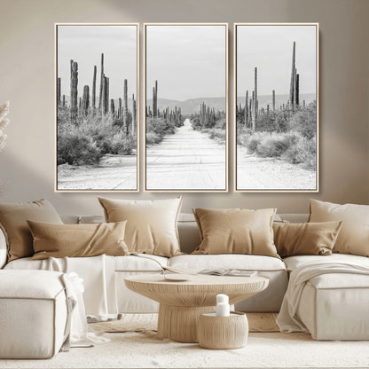 35537313-MGV-CV-36X24-Monochrome Desert Wall Art Canvas Print, Framed Cactus Path Art Picture Print, Southwestern Landscape Perfect Southwestern