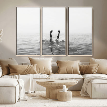 26667396-MGV-CV-36X24-Black White Ocean Wall Art Canvas Print, Framed Monochrome Water Art Picture Print, Diving into Water Perfect Minimalist Aquatic