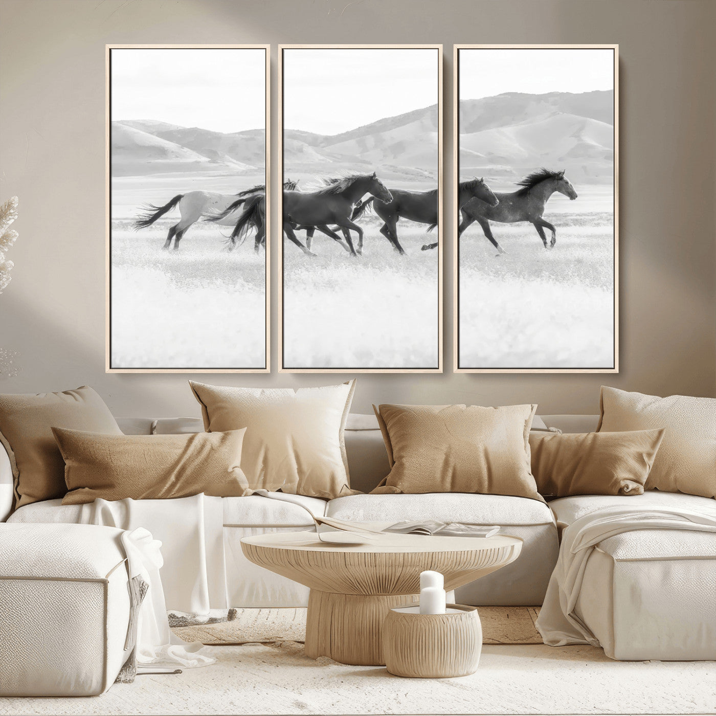 69934913-MGV-CV-36X24-Wild Horses Running Wall Art Canvas Print, Framed Black White Mustangs Art Picture Print, Rustic Western Perfect Rustic Western