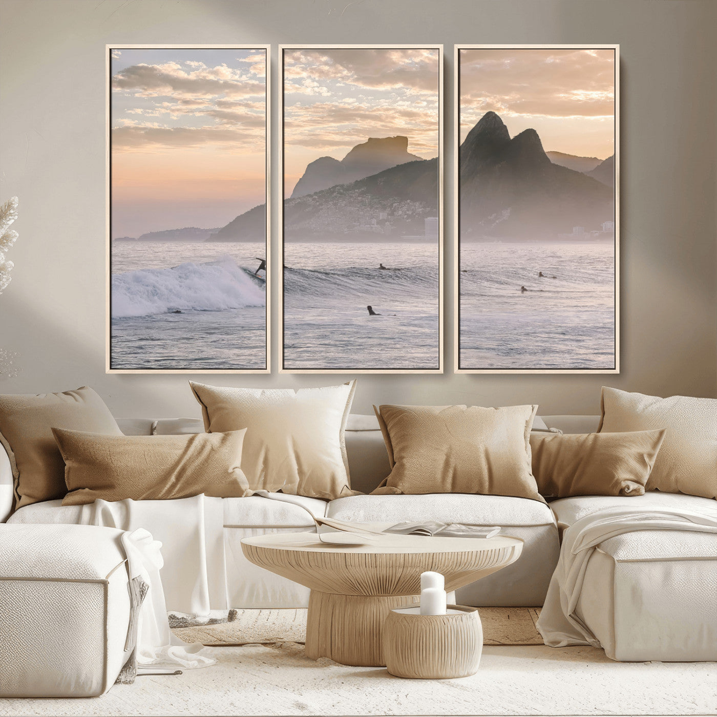 70644906-MGV-FC-48X32-3P_Natural-Sunset Surfing Wall Art Canvas Print, Framed Misty Mountains Art Picture Print, Surfer Riding Wave Perfect Coastal Adventure Decor