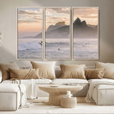 70644906-MGV-FC-48X32-3P_Natural-Sunset Surfing Wall Art Canvas Print, Framed Misty Mountains Art Picture Print, Surfer Riding Wave Perfect Coastal Adventure Decor