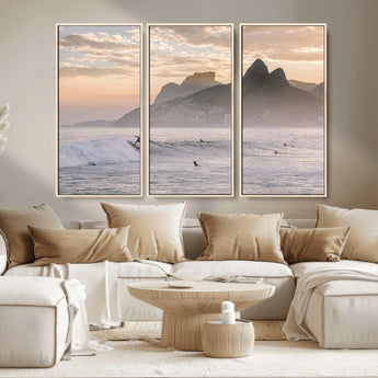 70644906-MGV-FC-48X32-3P_Natural-Sunset Surfing Wall Art Canvas Print, Framed Misty Mountains Art Picture Print, Surfer Riding Wave Perfect Coastal Adventure Decor