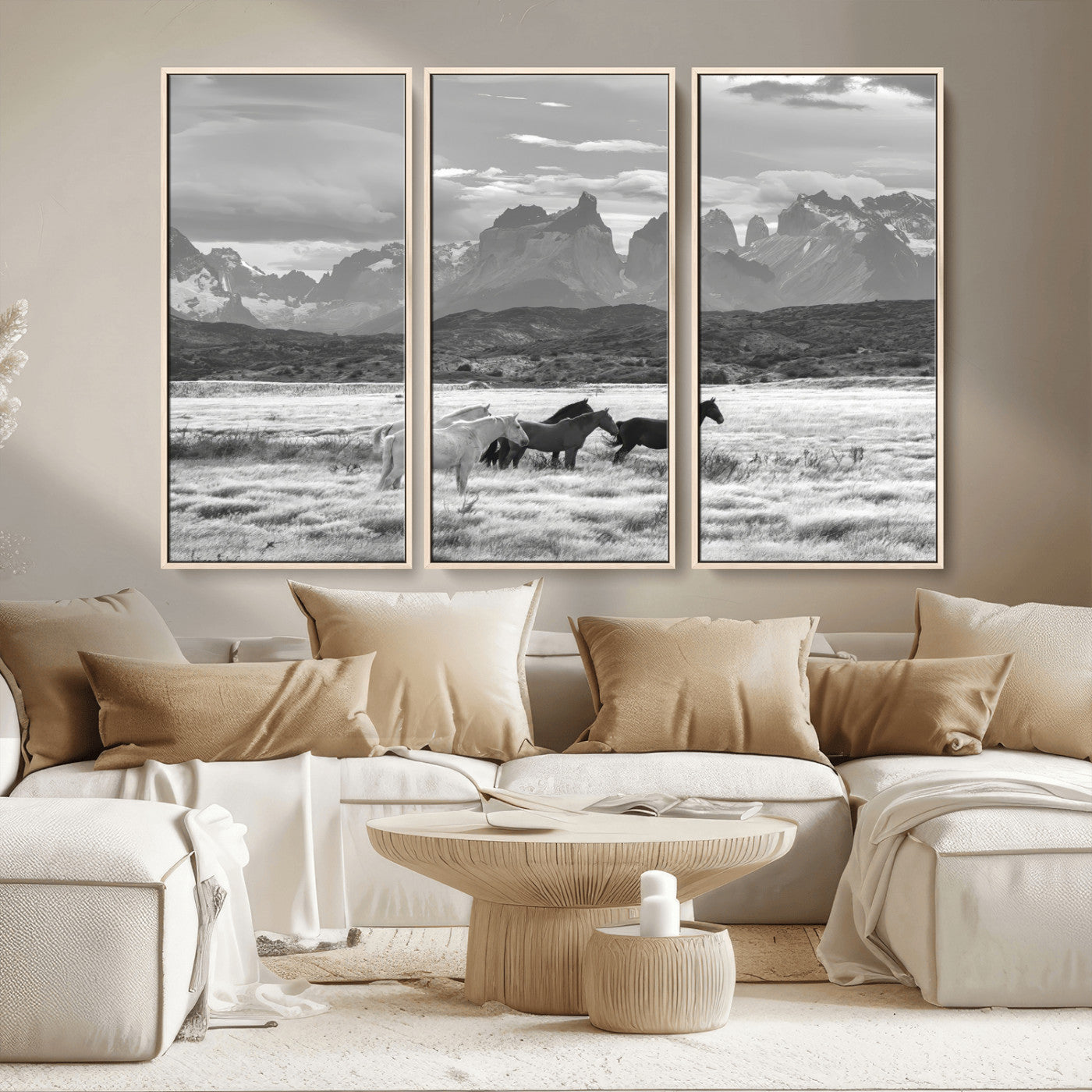 21655040-MGV-CV-36X24-Wild Horses Wall Art Canvas Print, Framed Black White Mountains Art Picture Print, Rustic Countryside Perfect Rustic Western Decor