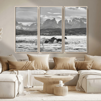 21655040-MGV-CV-36X24-Wild Horses Wall Art Canvas Print, Framed Black White Mountains Art Picture Print, Rustic Countryside Perfect Rustic Western Decor