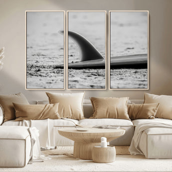 62314230-MGV-CV-36X24-Black White Surfboard Wall Art Canvas Print, Framed Minimalist Beach Art Picture Print, Surf Fin Perfect Minimalist Coastal Decor