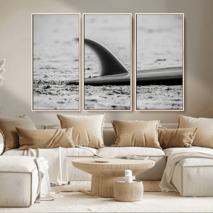 62314230-MGV-CV-36X24-Black White Surfboard Wall Art Canvas Print, Framed Minimalist Beach Art Picture Print, Surf Fin Perfect Minimalist Coastal Decor