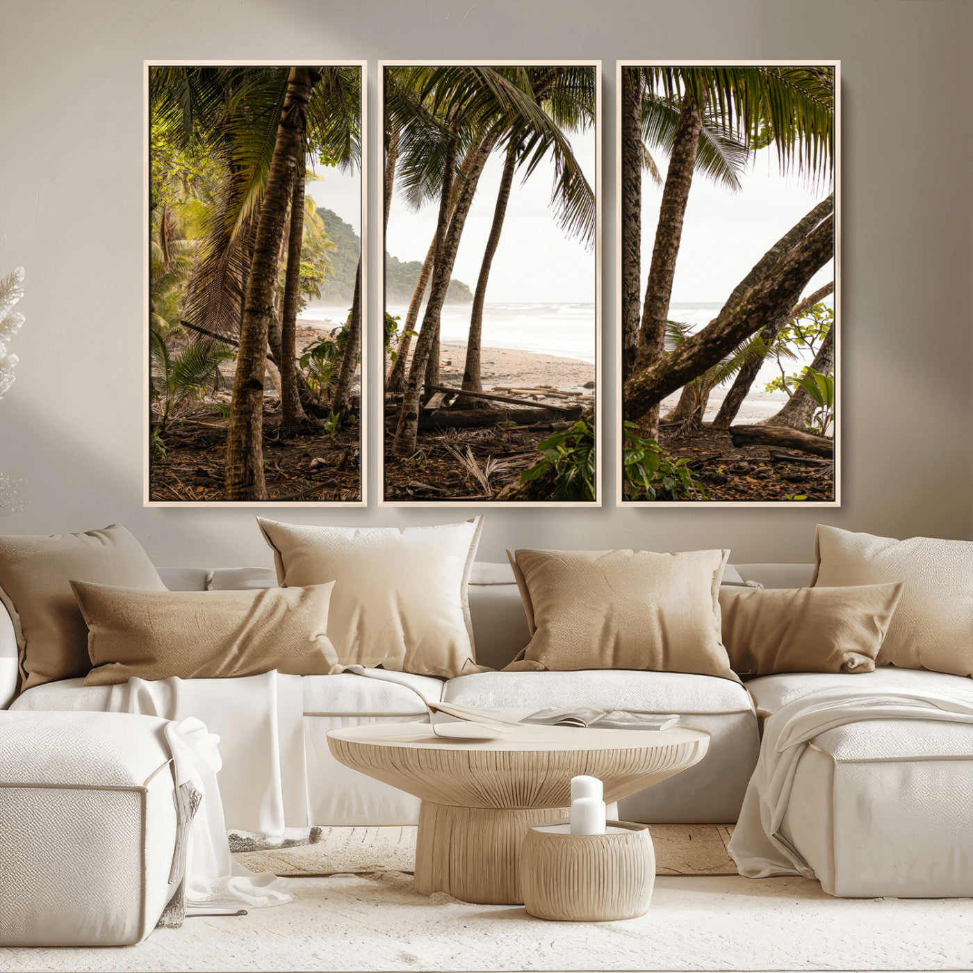 92093951-MGV-FC-48X32-3P_Natural-Tropical Jungle Wall Art Canvas Print, Framed Palm Tree Forest Art Picture Print, Coastal Escape Perfect Jungle Retreat Decor