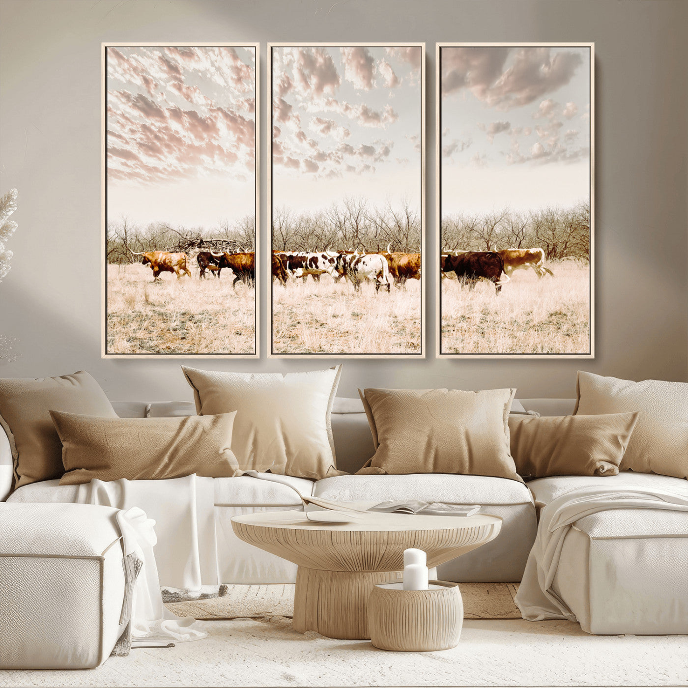 64892775-MGV-CV-36X24-Longhorn Cattle Wall Art Canvas Print, Framed Texas Ranch Art Picture Print, Western Cow Perfect Western Decor Artwork