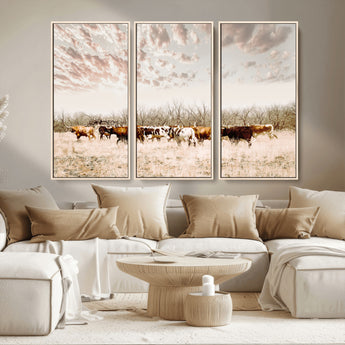 64892775-MGV-CV-36X24-Longhorn Cattle Wall Art Canvas Print, Framed Texas Ranch Art Picture Print, Western Cow Perfect Western Decor Artwork
