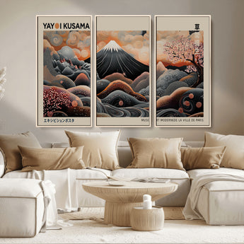 55739266-MGV-CV-36X24-Japanese Wall Art Print – Abstract Yayoi Kusama Inspired Dotted Landscape Poster, Surreal Oriental Mountain and Cherry Blossom