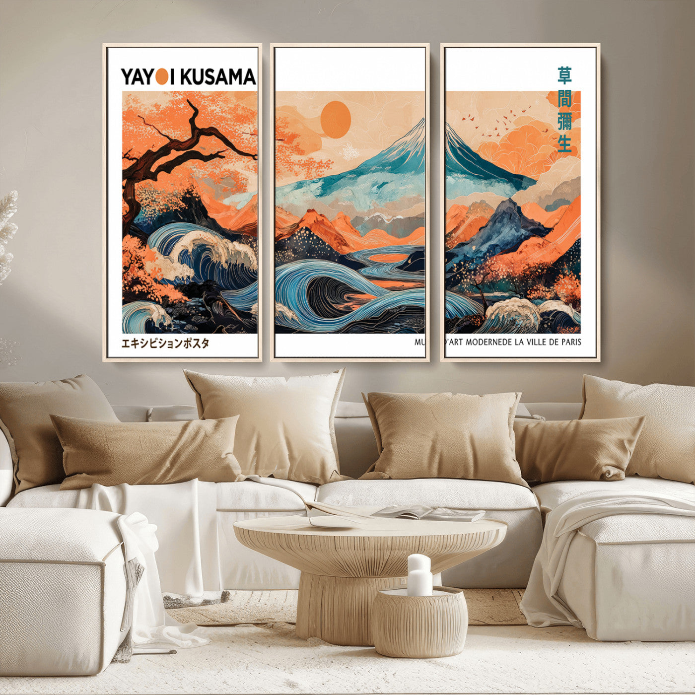 88785870-MGV-CV-36X24-Japanese Great Wave & Mt Fuji Wall Art – Ukiyo e Style Landscape Print with Flowing River, Autumn Mountain Poster, Oriental Asian