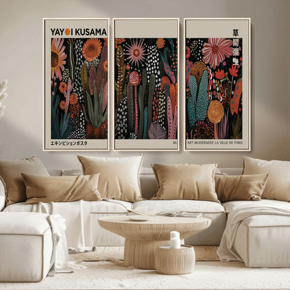 28344895-MGV-CV-36X24-Dark Floral Abstract Wall Art Poster – Modern Botanical Canvas Print with Beige Border, Kusama Inspired Boho Flower Painting,