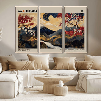 54967195-MGV-CV-36X24-Mount Fuji Wall Art – Japanese Cherry Blossom Abstract Canvas Print, Navy Gold Landscape Painting, Oriental Luxury Home Decor