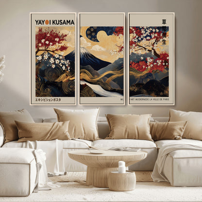 54967195-MGV-CV-36X24-Mount Fuji Wall Art – Japanese Cherry Blossom Abstract Canvas Print, Navy Gold Landscape Painting, Oriental Luxury Home Decor