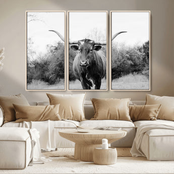97280319-MGV-CV-36X24-Longhorn Photography Wall Art Canvas Print, Framed Western Cow Decor Art Picture Print, Texas Ranch Style Perfect Rustic Farmhouse