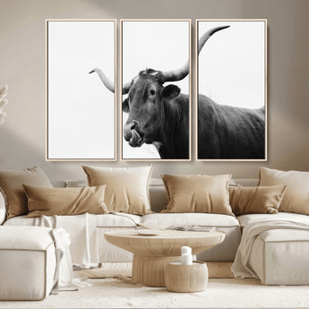 99244177-MGV-CV-36X24-Longhorn Photography Wall Art Canvas Print, Framed Western Cow Decor Art Picture Print, Black White Bull Perfect Modern Rustic
