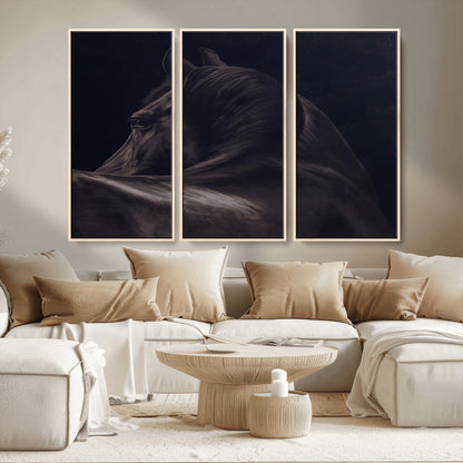 67026880-MGV-CV-36X24-Black Horse Portrait Wall Art Canvas Print, Framed Moody Horse Decor Art Picture Print, Equestrian Wall Style Perfect Masculine