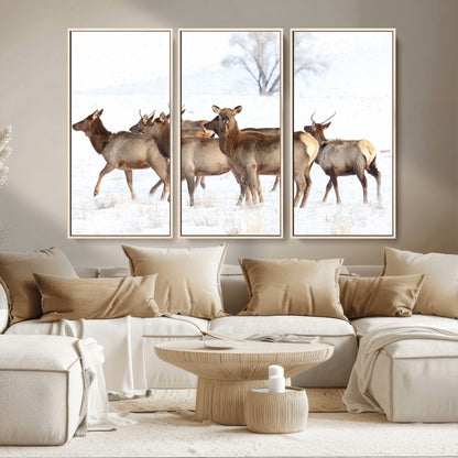 68738684-MGV-CV-36X24-Winter Elk Scene Wall Art Canvas Print, Framed Wildlife Photography Art Picture Print, Snowy Deer Decor Perfect Rustic Lodge Decor