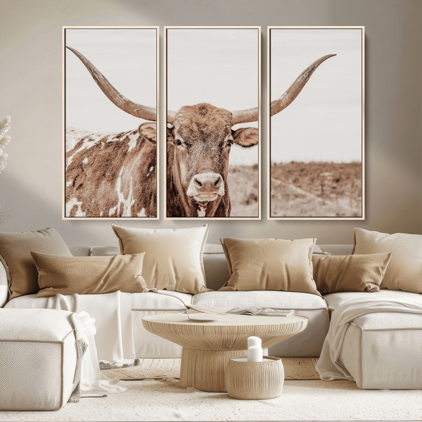 77810049-MGV-CV-36X24-Longhorn Bull Photo Wall Art Canvas Print, Framed Rustic Cow Decor Art Picture Print, Neutral Farmhouse Style Perfect Rustic