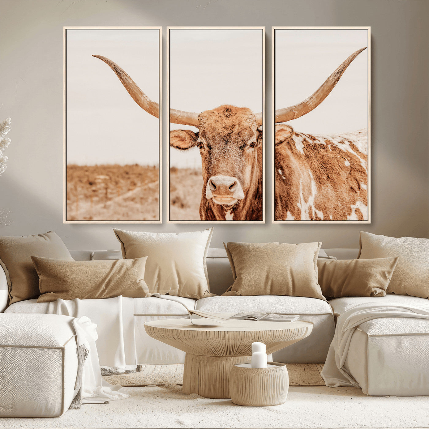 74406977-MGV-CV-36X24-Longhorn Bull Decor Wall Art Canvas Print, Framed Western Cow Theme Art Picture Print, Rustic Farmhouse Wall Perfect Neutral