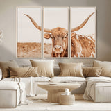 74406977-MGV-CV-36X24-Longhorn Bull Decor Wall Art Canvas Print, Framed Western Cow Theme Art Picture Print, Rustic Farmhouse Wall Perfect Neutral