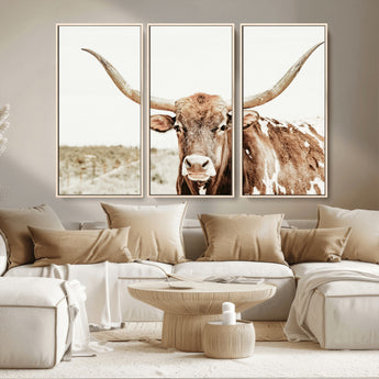 98924580-MGV-CV-36X24-Texas Longhorn Bull Wall Art Canvas Print, Framed Rustic Farmhouse Decor Art Picture Print, Western Animal Theme Perfect Rustic