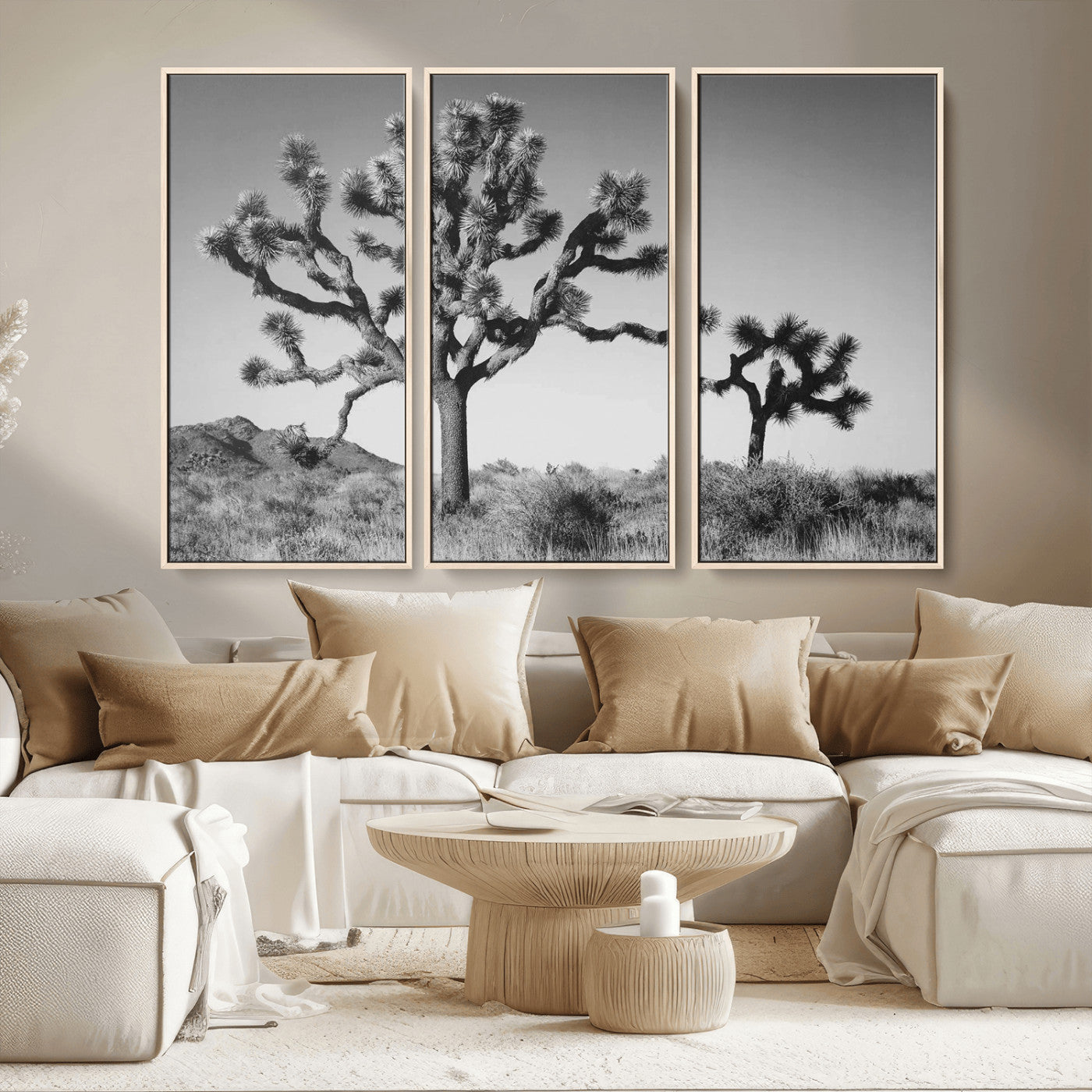 93692513-MGV-FC-48X32-3P_Natural-Joshua Tree Wall Art Canvas Print, Framed Monochrome Desert Art Picture Print, Minimalist Nature Scene Perfect Southwestern