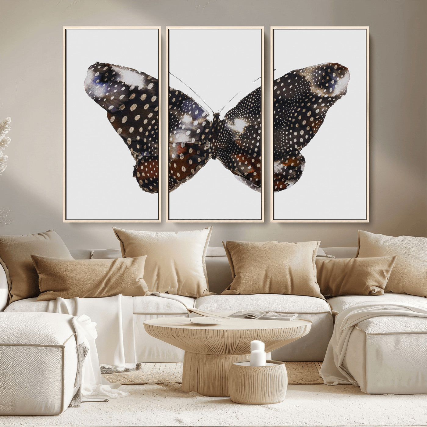 99831147-MGV-CV-36X24-Spotted Butterfly Wall Art Canvas Print, Framed Neutral Insect Theme Art Picture Print, Earthy Wing Pattern Perfect Modern Rustic