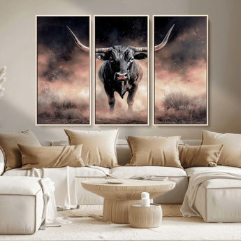 71457818-MGV-CV-36X24-Longhorn Wall Art Wall Art Canvas Print, Framed Western Bull Canvas Art Picture Print, Rustic Cow Decor Perfect Western Dramatic