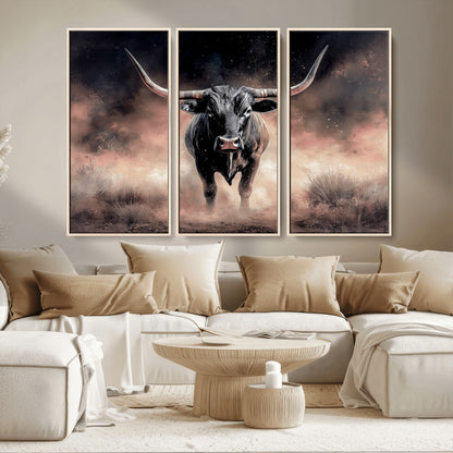 71457818-MGV-CV-36X24-Longhorn Wall Art Wall Art Canvas Print, Framed Western Bull Canvas Art Picture Print, Rustic Cow Decor Perfect Western Dramatic