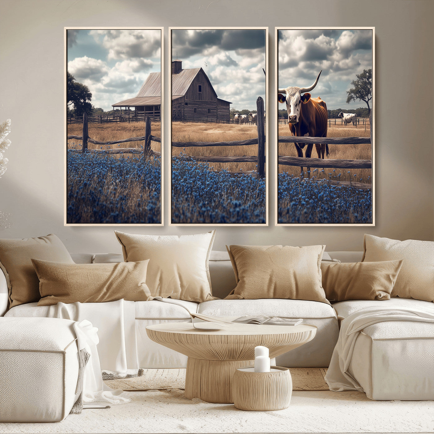 51092814-MGV-CV-36X24-Texas Longhorn Wall Art Wall Art Canvas Print, Framed Rustic Barn Canvas Art Picture Print, Farmhouse Cow Decor Perfect Rustic
