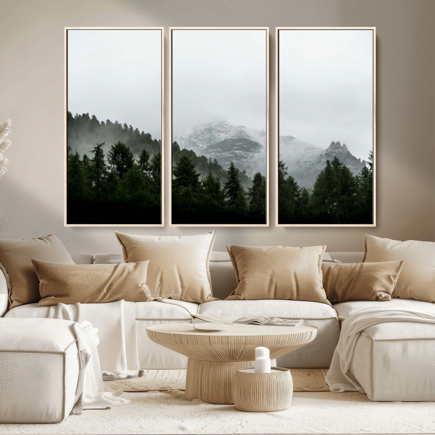 55968349-MGV-CV-36X24-Misty Mountains Wall Art Canvas Print, Framed Foggy Forest Art Picture Print, Snowy Peaks Perfect Moody Wilderness Decor Artwork