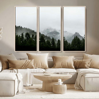 55968349-MGV-CV-36X24-Misty Mountains Wall Art Canvas Print, Framed Foggy Forest Art Picture Print, Snowy Peaks Perfect Moody Wilderness Decor Artwork