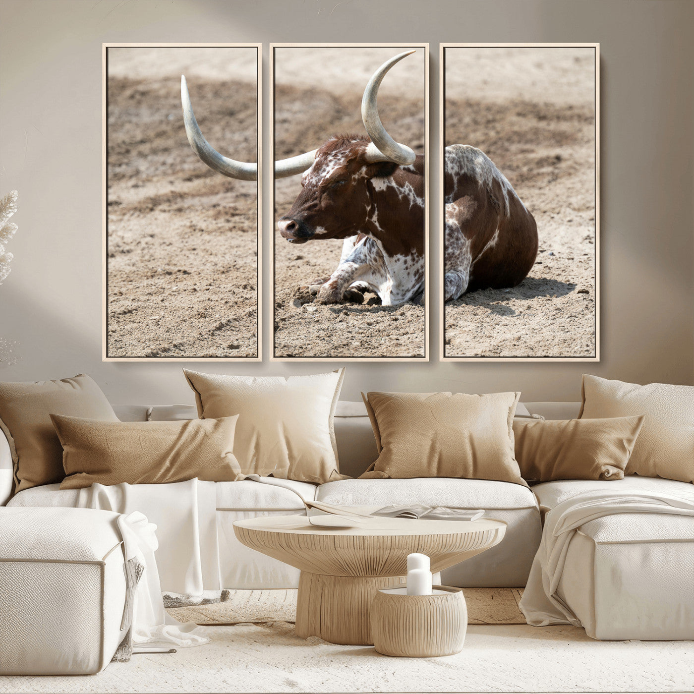 76549210-MGV-CV-36X24-Texas Longhorn Wall Art Canvas Print, Framed Country Living Art Picture Print, Farmhouse Aesthetic Perfect Western Rustic Decor