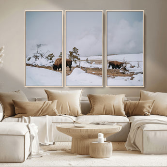 60308289-MGV-CV-36X24-Bison Wildlife Wall Art Canvas Print, Framed Snowy Prairie Art Picture Print, Western Landscape Perfect Rustic Winter Decor