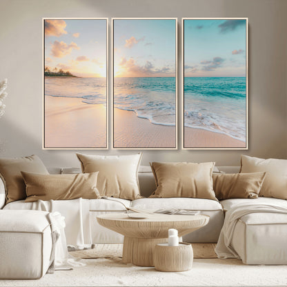 94538225-MGV-FC-48X32-3P_Natural-Beach Sunset Wall Art Canvas Print, Framed Ocean Waves Art Picture Print, Summer Escape Perfect Coastal Serenity Decor Artwork