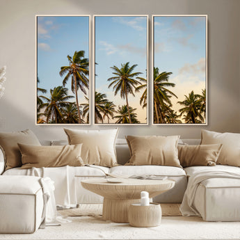 99033771-MGV-FC-48X32-3P_Natural-Palm Trees Wall Art Canvas Print, Framed Tropical Vibes Art Picture Print, Coastal Sunset Perfect Coastal Boho Decor Artwork