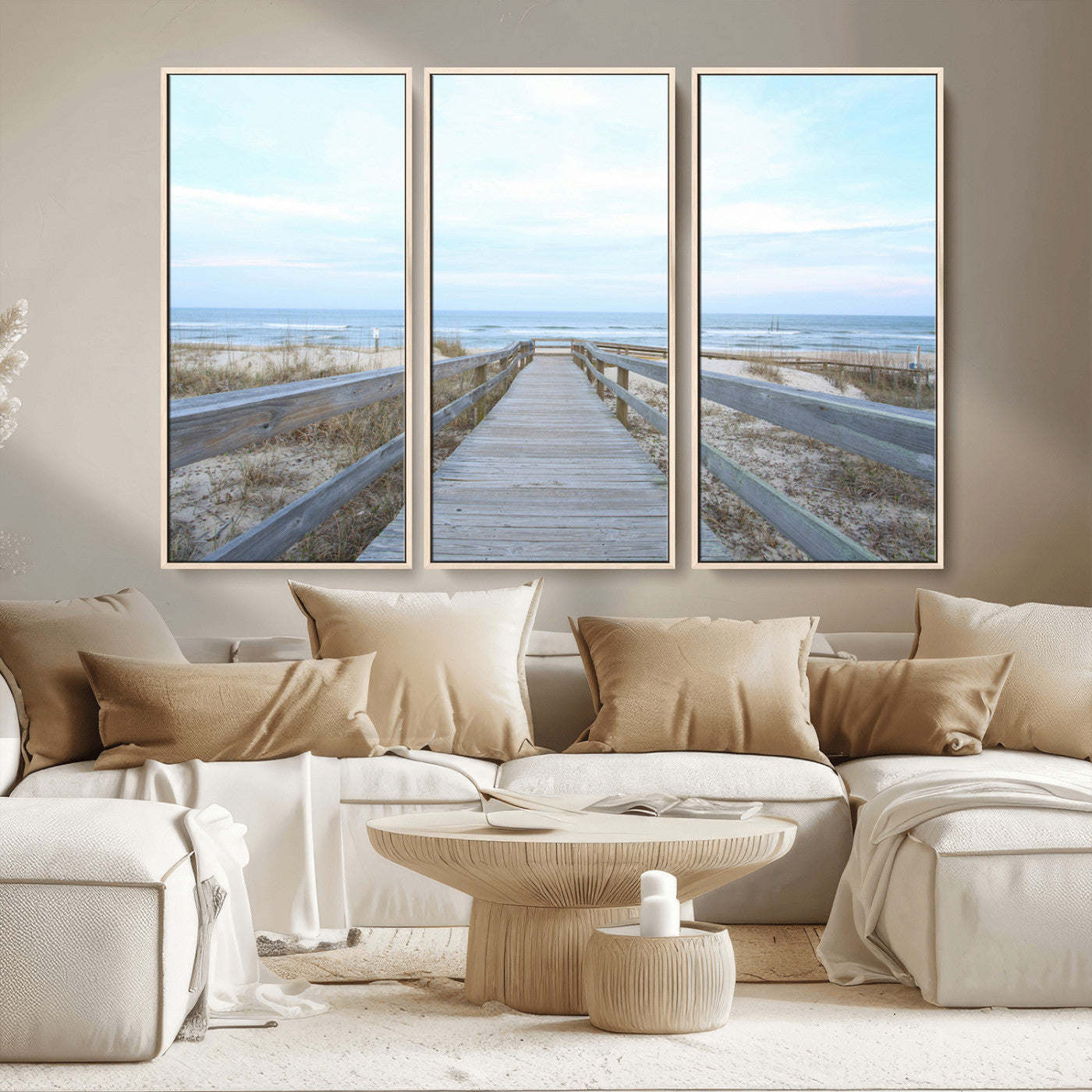 31602988-MGV-CV-36X24-Beach Boardwalk Wall Art Canvas Print, Framed Coastal Serenity Art Picture Print, Ocean View Perfect Coastal Minimalist Decor