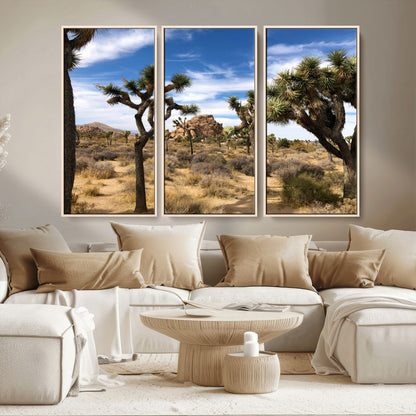 25722592-MGV-FC-48X32-3P_Natural-Joshua Tree Desert Wall Art Canvas Print, Framed Southwestern Nature Art Picture Print, Rustic Earth Tones Perfect Southwestern