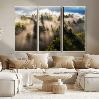 14785710-MGV-CV-36X24-Tranquil Forest Scene Wall Art Canvas Print, Framed Sunbeam Through Trees Art Picture Print, Moody Green Wall Art Perfect