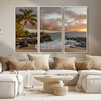 55108220-MGV-CV-36X24-Tropical Beach Wall Art Canvas Print, Framed Hawaiian Sunset Art Picture Print, Ocean Waves Perfect Coastal Tropical Decor Artwork