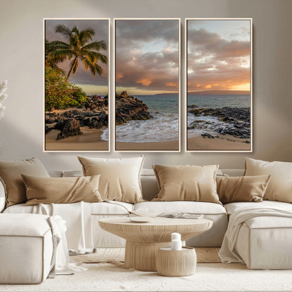 55108220-MGV-CV-36X24-Tropical Beach Wall Art Canvas Print, Framed Hawaiian Sunset Art Picture Print, Ocean Waves Perfect Coastal Tropical Decor Artwork