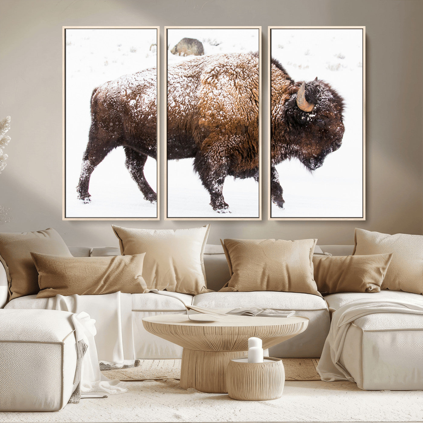 94261165-MGV-FC-48X32-3P_Natural-Snowy Buffalo Wall Art Canvas Print, Framed Wildlife Photography Art Picture Print, Brown Tones Perfect Rustic Lodge Decor Decor