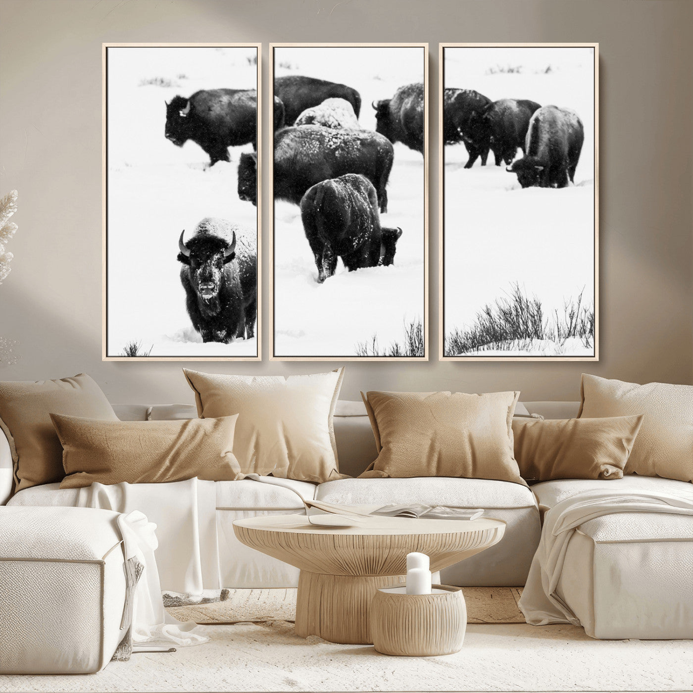 18914414-MGV-CV-36X24-Buffalo Herd Wall Art Canvas Print, Framed Black and White Art Picture Print, Snowy Landscape Perfect Rustic Lodge Decor Decor