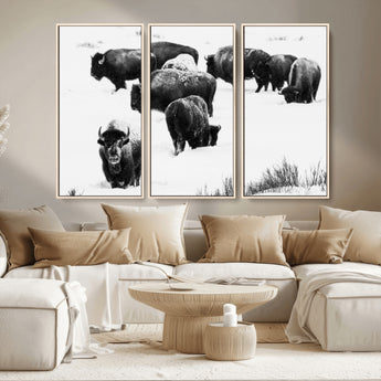 18914414-MGV-CV-36X24-Buffalo Herd Wall Art Canvas Print, Framed Black and White Art Picture Print, Snowy Landscape Perfect Rustic Lodge Decor Decor