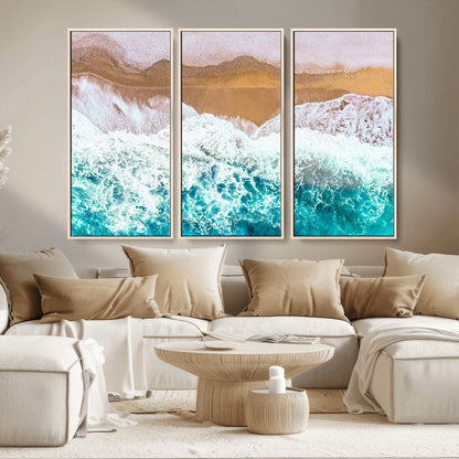 26870666-MGV-FC-48X32-3P_Natural-Aerial Beach Wall Art Canvas Print, Framed Ocean Waves Art Picture Print, Coastal Landscape Perfect Coastal Minimalist Decor