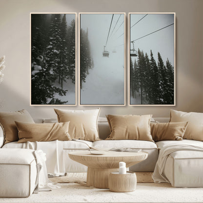 87018452-MGV-CV-36X24-Ski Lift Wall Art Canvas Print, Framed Snowy Pines Art Picture Print, Misty Landscape Perfect Winter Serenity Decor Artwork